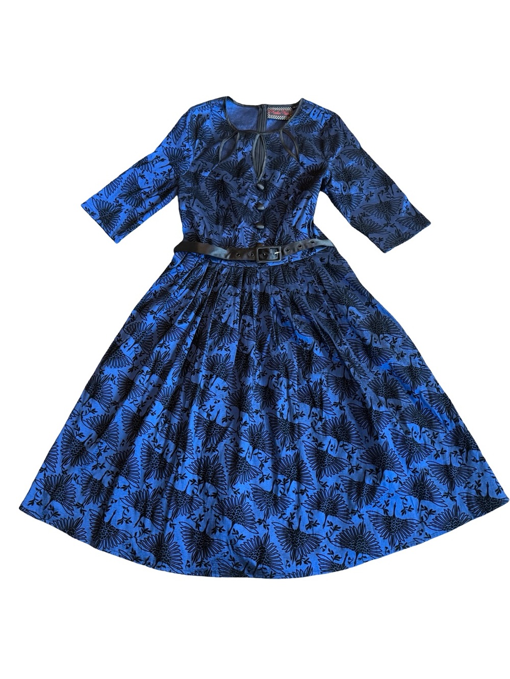 Voodoo Vixen Blue Black Bird Print Belted Fit Flare Midi Dress Medium Women's